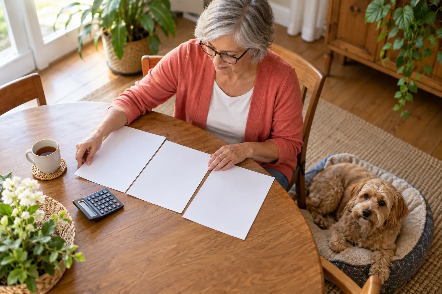 Owner comparing papers beside a dog resting at home