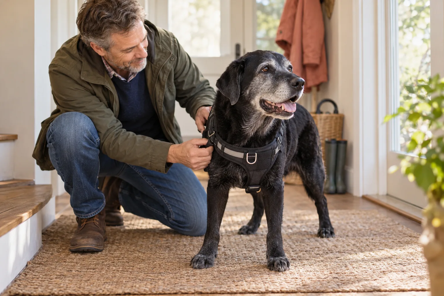 Owner fastening a harness on a dark-coated dog beside the front door
